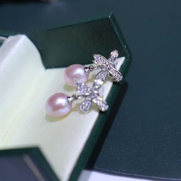Pearl Bow Knot Earrings Freshwater Pearl Silver and Purple Coguette CZ Earring - Picture 1 of 3